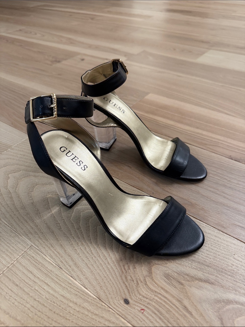 GUESS Black Ankle-Strap Sandals with Clear Block Heel
